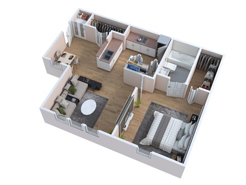 A 3D floor plan of a house showing the layout of the rooms.